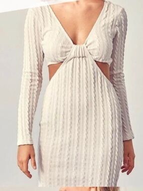 Knot Front Cutout Long Sleeve Dress in Cream